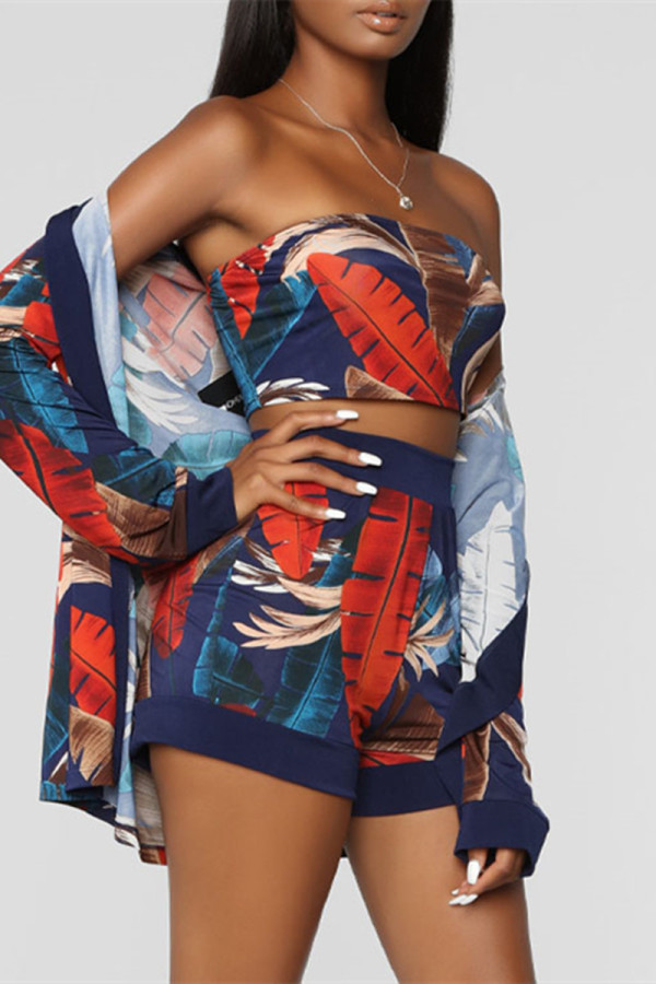 Blue Fashion Casual Print Basic Long Sleeve Two Pieces