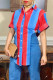 Red Blue Sexy Striped Print Patchwork Buckle Asymmetrical Turndown Collar Tops