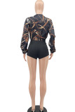 Black Sexy Print Patchwork V Neck Regular Rompers