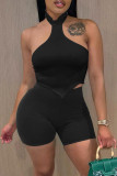 Coffee Sexy Casual Solid Backless Halter Sleeveless Two Pieces