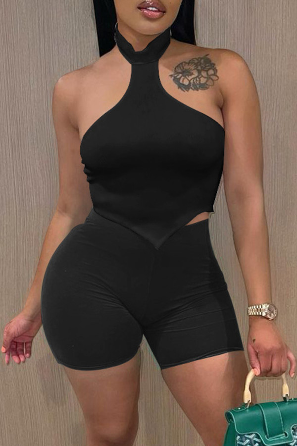 Black Sexy Casual Solid Backless Halter Sleeveless Two Pieces