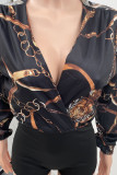 Black Sexy Print Patchwork V Neck Regular Rompers