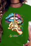 Green Casual Letter Lips Printed Patchwork O Neck Tops