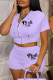 Purple Casual Print Patchwork Hooded Collar Short Sleeve Two Pieces