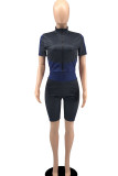Blue Black Casual Sportswear Solid Split Joint Zipper Zipper Collar Short Sleeve Two Pieces