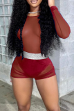 Blue Fashion Solid Mesh O Neck Long Sleeve Two Pieces