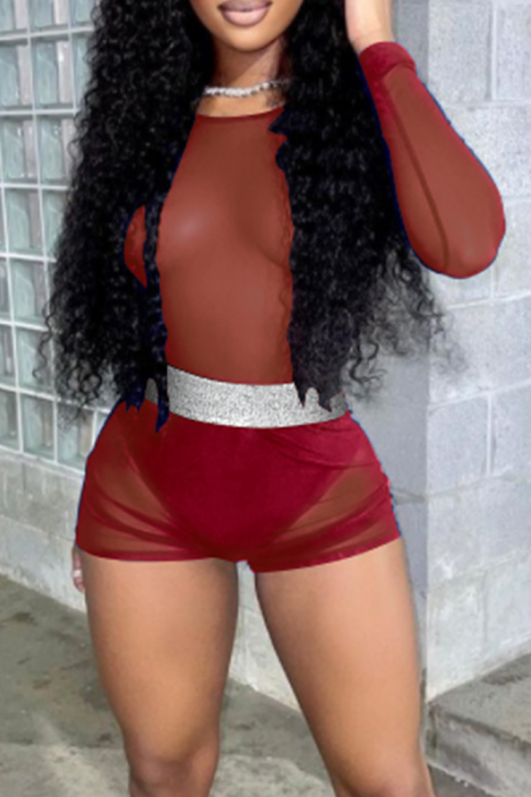 Burgundy Fashion Solid Mesh O Neck Long Sleeve Two Pieces