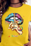 Royal Blue Casual Letter Lips Printed Patchwork O Neck Tops