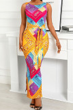 Yellow Fashion Sexy Print Backless Slit O Neck Sleeveless Dress