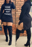 Black Casual Print Letter Hooded Collar Irregular Dress Dresses