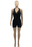 Blue Sexy Solid Patchwork Halter Straight Rompers