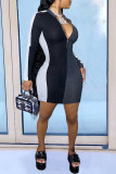 Black Red Fashion Casual Solid Patchwork Zipper Collar Long Sleeve Dresses