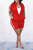 Red Casual Solid Patchwork Zipper Plus Size Two Pieces