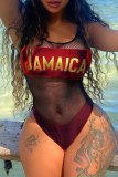 Red Sexy Print Patchwork Mesh Swimwears