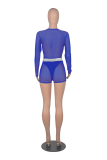 Blue Fashion Solid Mesh O Neck Long Sleeve Two Pieces