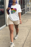 White Casual Street Print Patchwork Letter O Neck T-Shirts