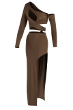 Coffee Sexy Solid Hollowed Out Patchwork Slit Asymmetrical Oblique Collar Long Sleeve Two Pieces