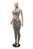 Leopard Print Sexy Casual Patchwork Print Hollowed Out Backless Turtleneck Sleeveless Two Pieces