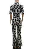 Black White Fashion Casual Print Basic V Neck Regular Jumpsuits (Without Belt)