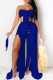 Blue Fashion Sexy Solid Patchwork Strapless Sleeveless Two Pieces