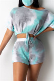 Pink Fashion Casual Print Tie Dye Basic O Neck Short Sleeve Two Pieces