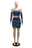 Blue Fashion Sexy Patchwork Print Backless Off the Shoulder Long Sleeve Two Pieces