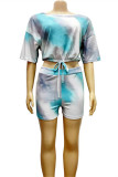 Pink Fashion Casual Print Tie Dye Basic O Neck Short Sleeve Two Pieces