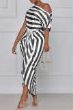 Green Fashion Casual Striped Print Asymmetrical Oblique Collar Short Sleeve Dress