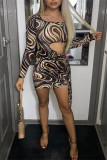 Coffee Fashion Sexy Print Hollowed Out Draw String Frenulum O Neck Long Sleeve Dresses