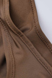 Coffee Sexy Solid Hollowed Out Patchwork Slit Asymmetrical Oblique Collar Long Sleeve Two Pieces
