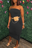 Rose Red Sexy Solid Tassel Patchwork Strapless Pencil Skirt Dresses