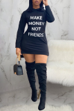Black Casual Print Letter Hooded Collar Irregular Dress Dresses