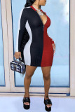 Black Red Fashion Casual Solid Patchwork Zipper Collar Long Sleeve Dresses