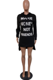 Black Casual Print Letter Hooded Collar Irregular Dress Dresses