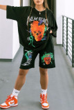 Black Fashion Casual Print Basic O Neck Short Sleeve Two Pieces