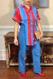 Red Blue Sexy Striped Print Patchwork Buckle Asymmetrical Turndown Collar Tops