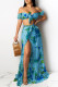 Light Blue Fashion Sexy Print Bandage Backless Slit Off the Shoulder Short Sleeve Two Pieces