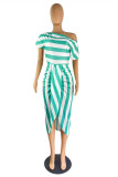 Green Fashion Casual Striped Print Asymmetrical Oblique Collar Short Sleeve Dress