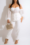 White Sexy Solid Mesh Off the Shoulder Long Sleeve Two Pieces