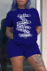 Blue Fashion Casual Print Letter O Neck Short Sleeve Two Pieces