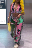 Pink Sexy Street Print Tassel Patchwork Asymmetrical Sleeveless Two Pieces