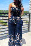 Blue Sexy Casual Print Backless Strapless Regular Jumpsuits