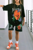Black Fashion Casual Print Basic O Neck Short Sleeve Two Pieces