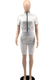 Gray White Casual Sportswear Solid Split Joint Zipper Zipper Collar Short Sleeve Two Pieces