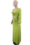 Green Fashion Casual Solid Basic V Neck Long Sleeve Two Pieces
