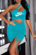 Light Blue Fashion Sexy Print Patchwork One Shoulder One Step Skirt Dresses