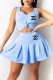 Baby Blue Fashion Sweet Print Patchwork V Neck Sleeveless Two Pieces