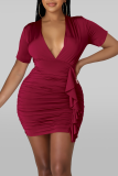 Color Blue Sexy Solid Patchwork V Neck Pencil Skirt Dresses