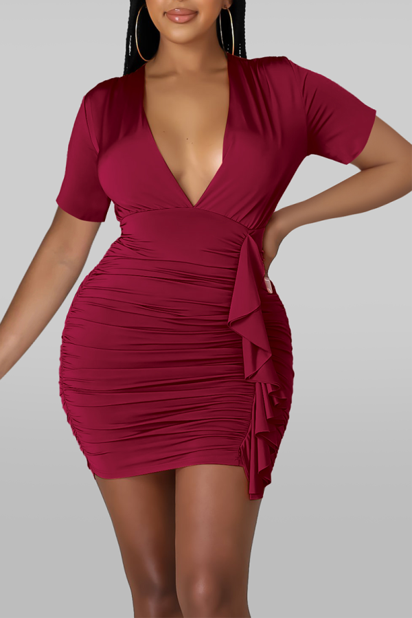 Burgundy Sexy Solid Patchwork V Neck Pencil Skirt Dresses