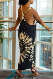 Black Casual Street Print Tie Dye Patchwork V Neck Loose Jumpsuits